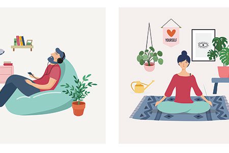 Illustration of two people staying at home and relaxing doing yoga and listening to music