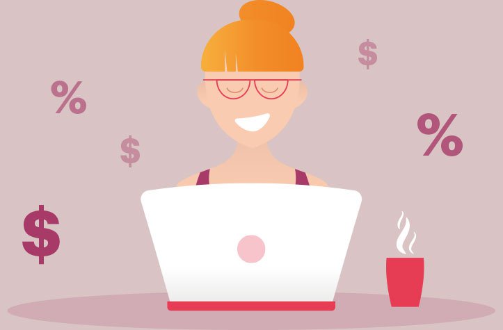 infographic girl on computer surrounded by money symbols