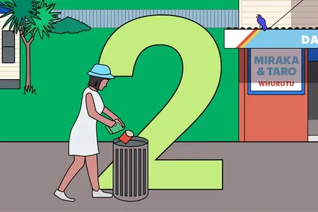 Illustration of number 2 and person putting rubbish in the bin